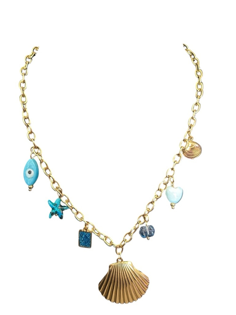 Seashell Charm 18K Gold Plated Stainless Steel Necklace with Blue Aqua Charms